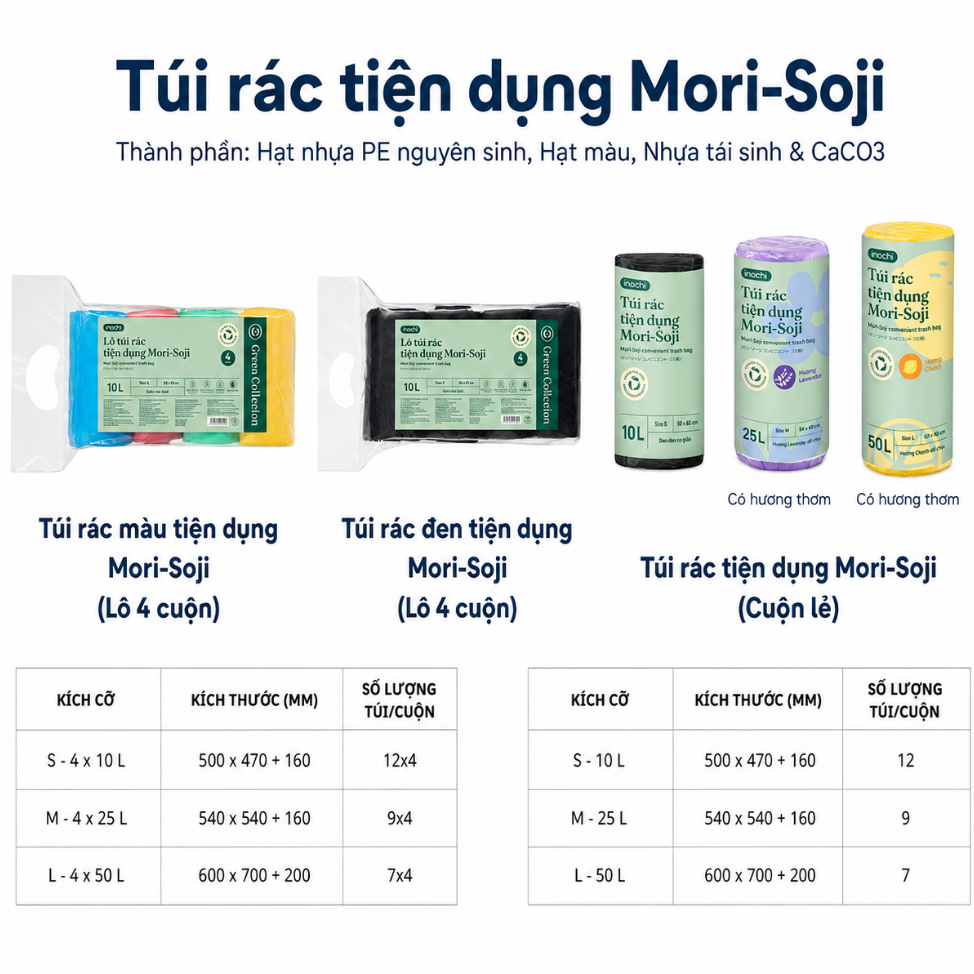 Túi rác tự huỷ sinh học Inochi có quai tiện dụng dạng cuộn nhiều màu, mùi hương dài và dai hơn 20%