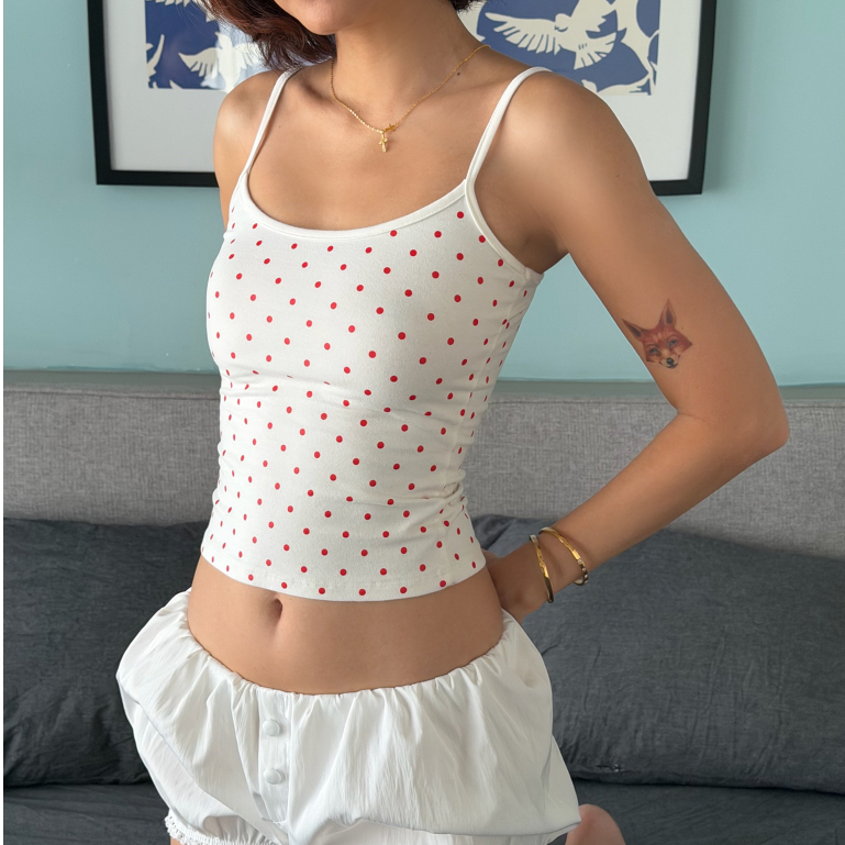 HÀNG MỚI VỀ - Áo 2 dây chấm bi đỏ tomato red & trắng trơn chất cotton 4 chiều dày dặn co giãn | bananabu