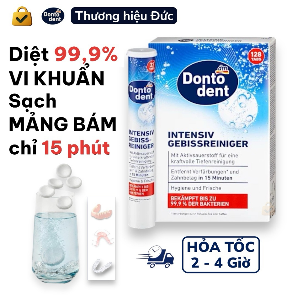 Viên Sủi làm sạch Răng giả Niềng răng như invisalign và Vệ sinh hàm duy trì hiệu Dontodent Đức