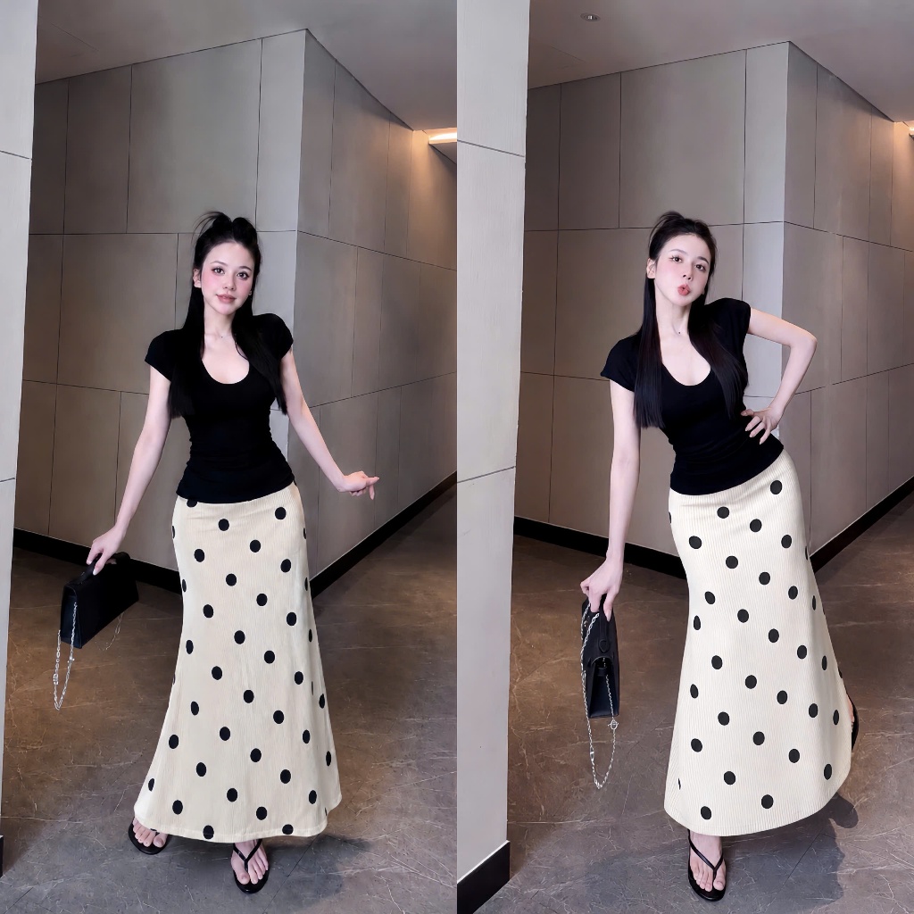 Sét áo thun đen tay ngắn chất thun Ladong+cv kem chấm bi chất thun tăm