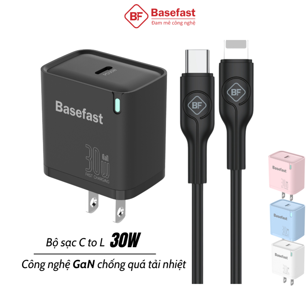 Bộ sạc nhanh 30W C to L Basefast Củ GaN kèm dây chống quá tải nhiệt cho xs xr 11 12 13 14 pro