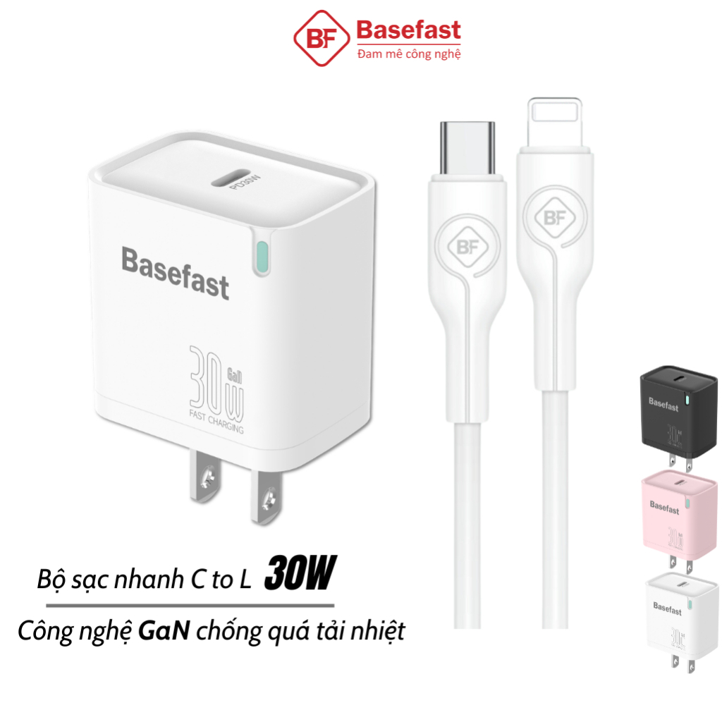 Bộ sạc nhanh 30W C to L Basefast Củ GaN kèm dây chống quá tải nhiệt cho xs xr 11 12 13 14 pro