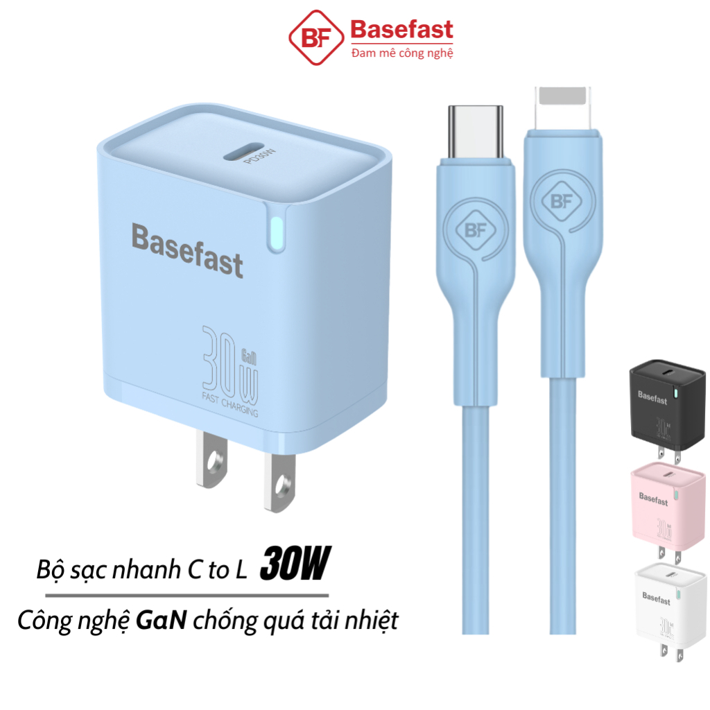 Bộ sạc nhanh 30W C to L Basefast Củ GaN kèm dây chống quá tải nhiệt cho xs xr 11 12 13 14 pro