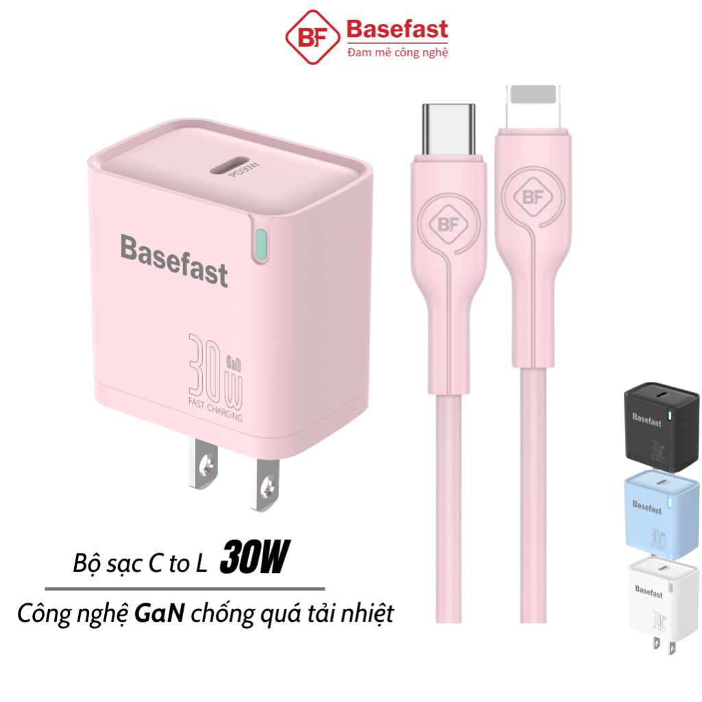 Bộ sạc nhanh 30W C to L Basefast Củ GaN kèm dây chống quá tải nhiệt cho xs xr 11 12 13 14 pro