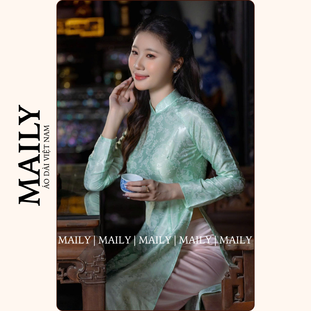 Áo Dài Truyền Thống Chất Gấm Dệt Nổi, Mẫu Bạch Phượng Cổ Cao Tay Dài Duyên Dáng - ÁO DÀI MAILY