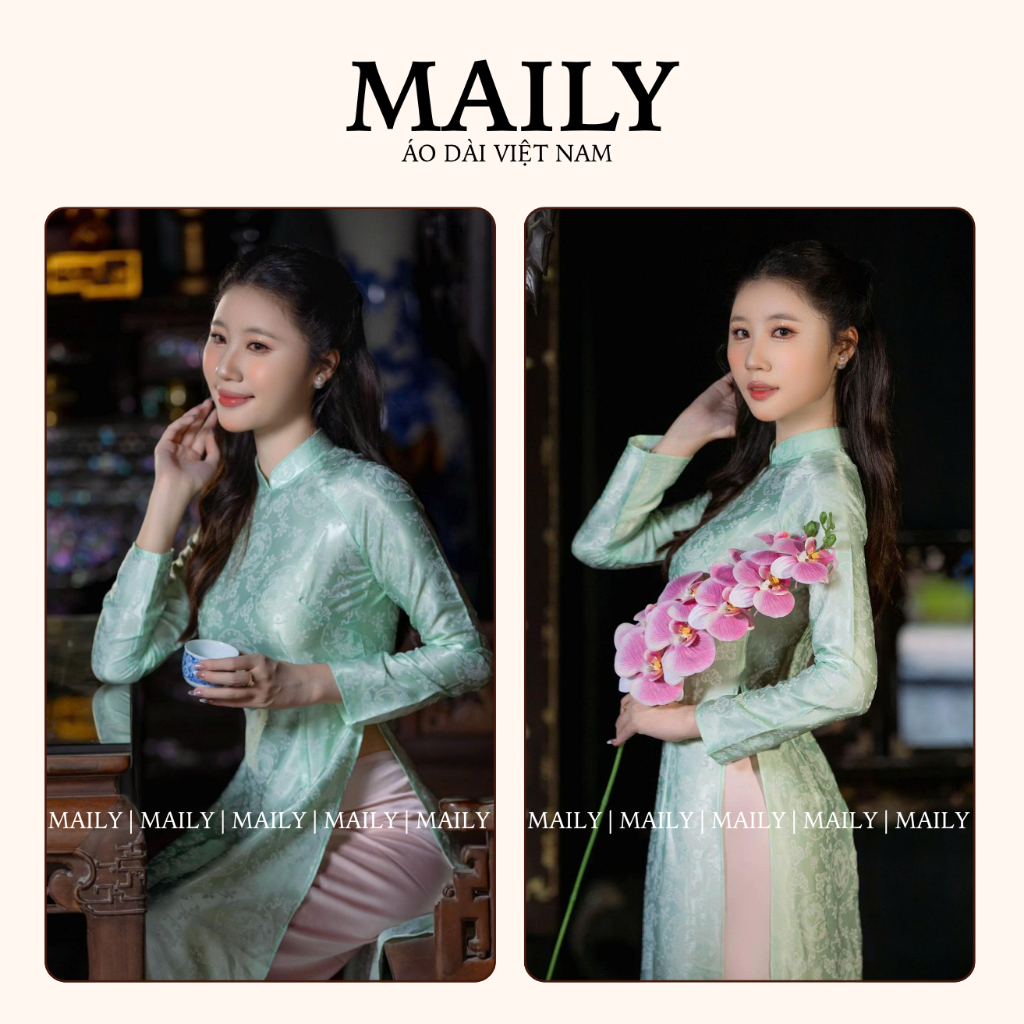 Áo Dài Truyền Thống Chất Gấm Dệt Nổi, Mẫu Bạch Phượng Cổ Cao Tay Dài Duyên Dáng - ÁO DÀI MAILY