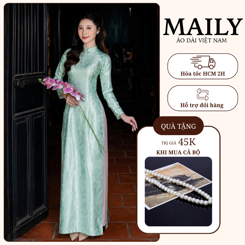 Áo Dài Truyền Thống Chất Gấm Dệt Nổi, Mẫu Bạch Phượng Cổ Cao Tay Dài Duyên Dáng - ÁO DÀI MAILY