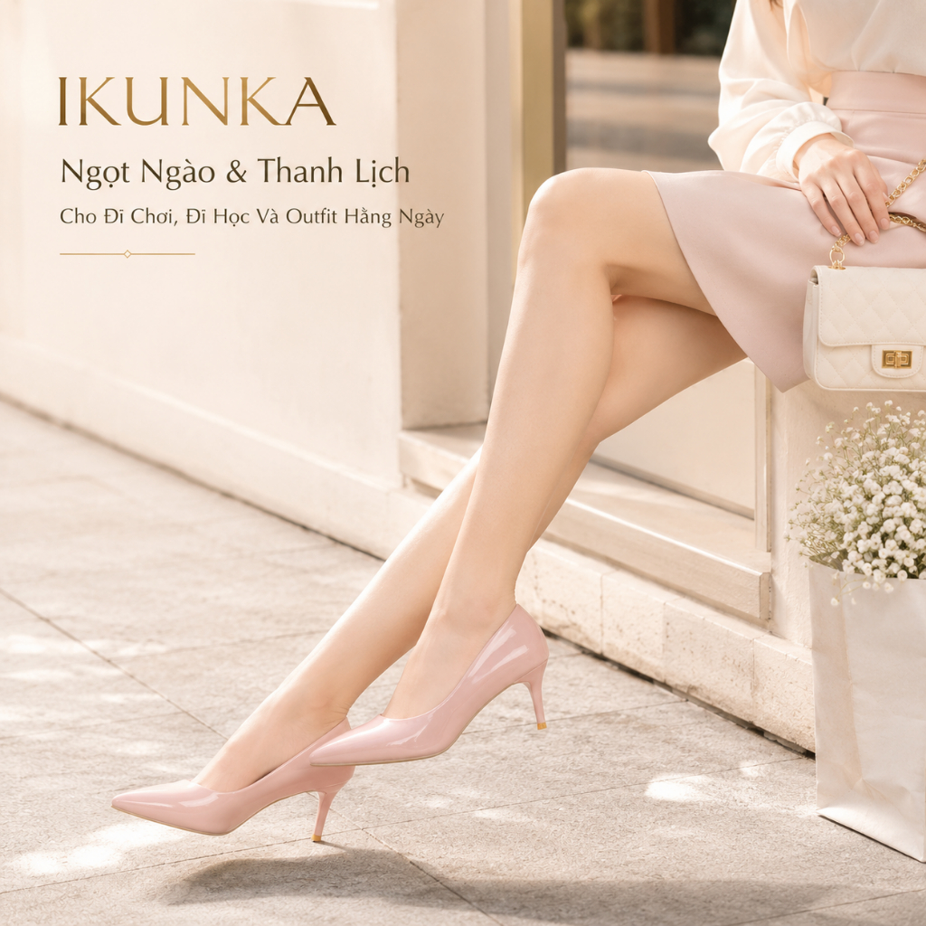 IKUNKA Giày nữ đi làm công sở thanh lịch cao gót mũi nhọn da bóng mềm  full hộp