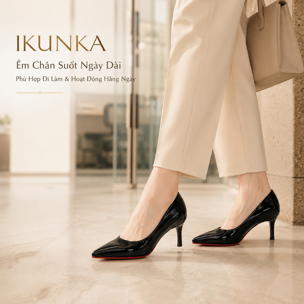IKUNKA Giày nữ đi làm công sở thanh lịch cao gót mũi nhọn da bóng mềm  full hộp
