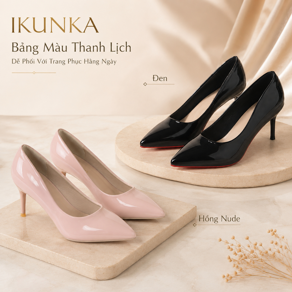 IKUNKA Giày nữ đi làm công sở thanh lịch cao gót mũi nhọn da bóng mềm  full hộp