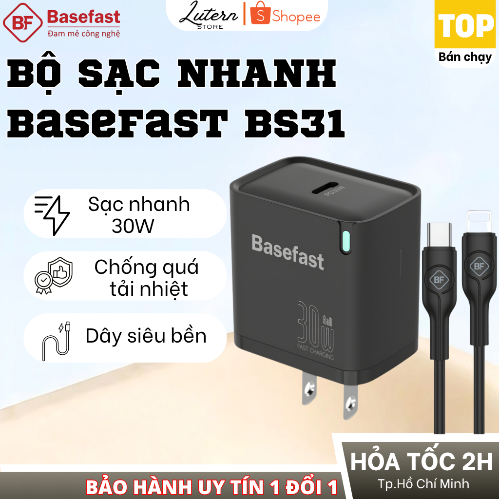 Bộ sạc nhanh 30W C to L Basefast Củ GaN kèm dây chống quá tải nhiệt cho xs xr 11 12 13 14 pro