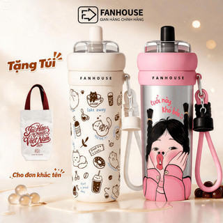 Bình nước giữ nhiệt Milky Tea Inox 316L phủ sứ 700ml, Ly giữ nhiệt Fan House ống hút trà sữa