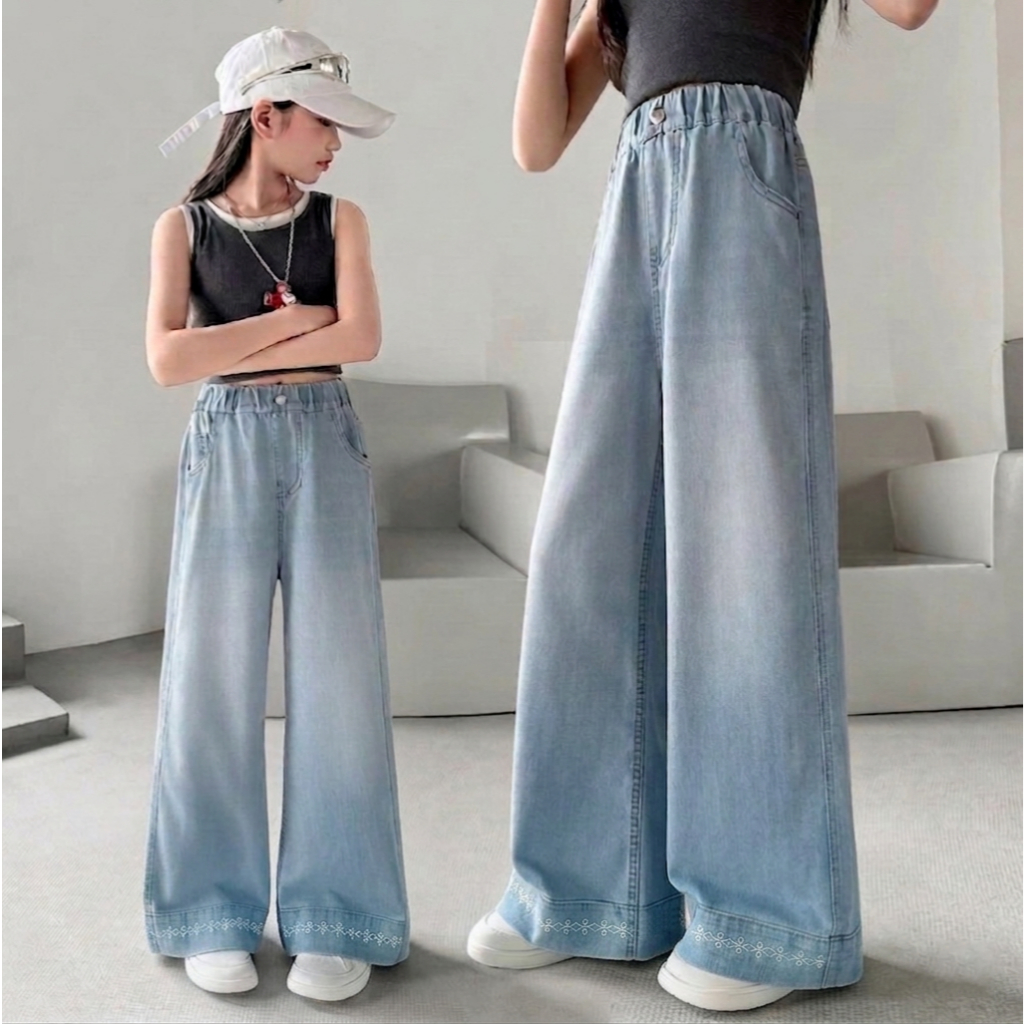 Quần jean suông thêu gấu cho bé gái size đại BEESHOP KM0019