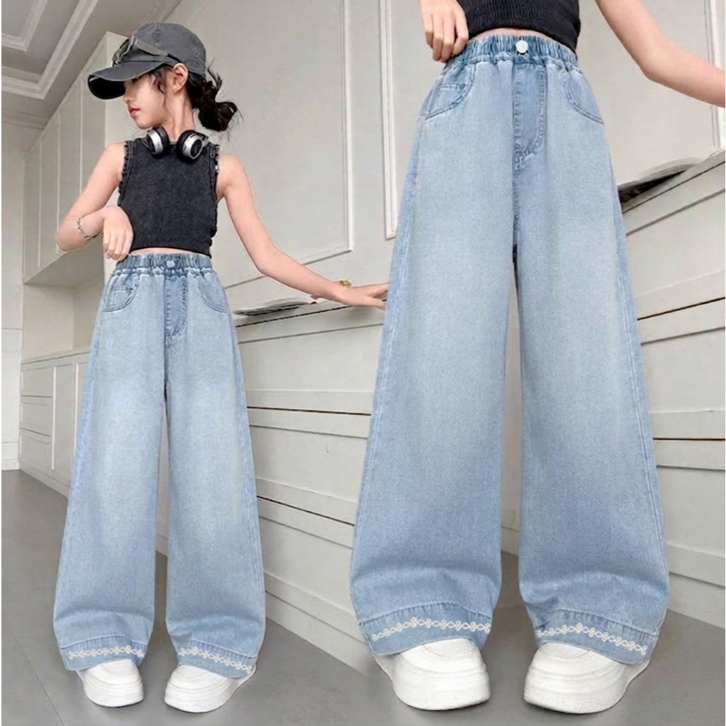 Quần jean suông thêu gấu cho bé gái size đại BEESHOP KM0019