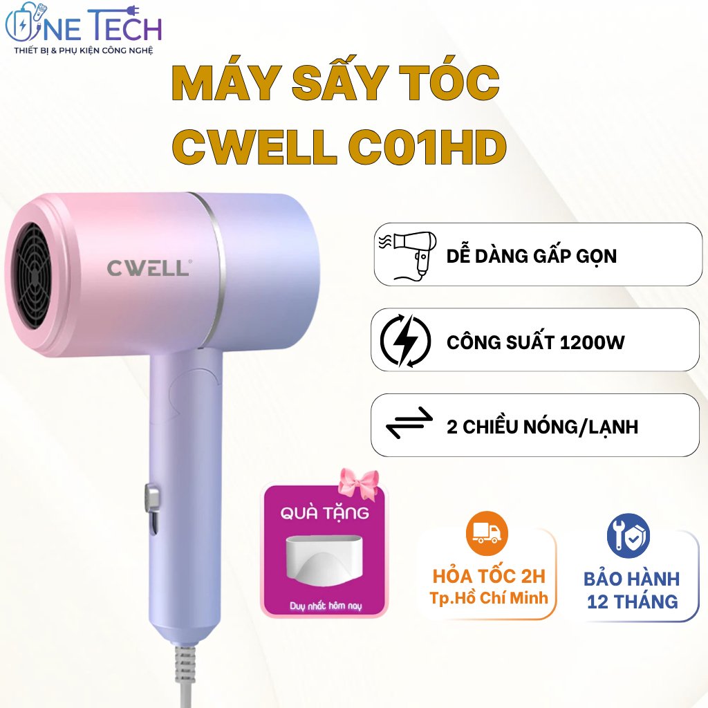 Máy Sấy Tóc Mini CWELL Gấp Gọn 2 Chiều Nóng Lạnh C01HD - Công Suất 1200W, Ánh Sáng Xanh Bảo Vệ Tóc