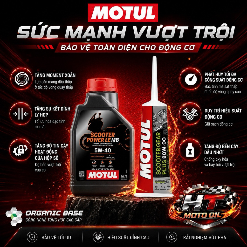 Combo Dầu nhớt xe tay ga Motul Scooter Power LE 4T 5W40 0.8L và Dầu hộp số xe tay ga SCOOTER GEAR PLUS 80W90 120ML