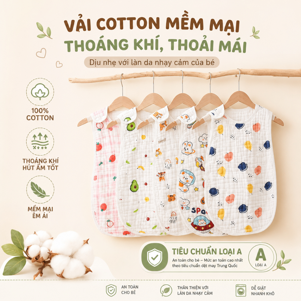 Túi ngủ, áo ngủ dạng gile chất liệu vải muslin mềm mại, mát cho bé từ 0-4 tuổi