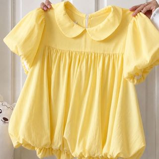 Áo babydoll nữ cổ sen phối bèo tay phồng form rộng tiểu thư che khuyết điểm trắng vàng VANISA SM105
