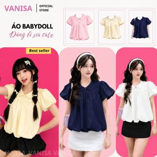 Áo babydoll nữ cổ sen phối bèo tay phồng form rộng tiểu thư che khuyết điểm trắng vàng VANISA SM105
