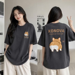 Áo Thun Cotton 100% Form Oversize KONOVA Unisex Nam Nữ In Chó Corgi 2 MẶT