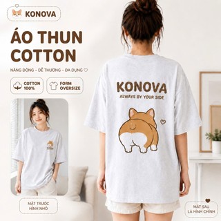 Áo Thun Cotton 100% Form Oversize KONOVA Unisex Nam Nữ In Chó Corgi 2 MẶT