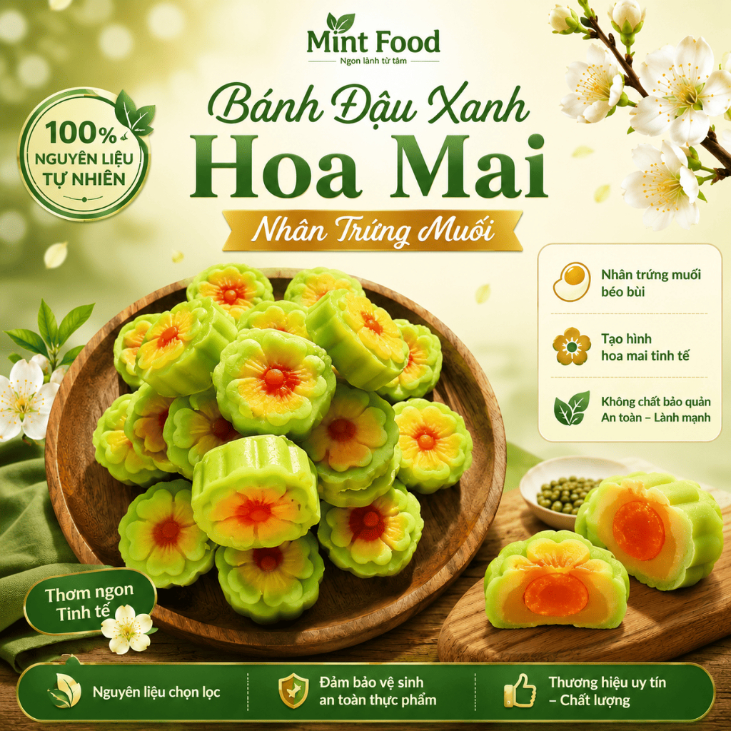 Bánh Đậu Xanh Hoa Mai Nhân Trứng Muối Thơm Béo Ít Ngọt