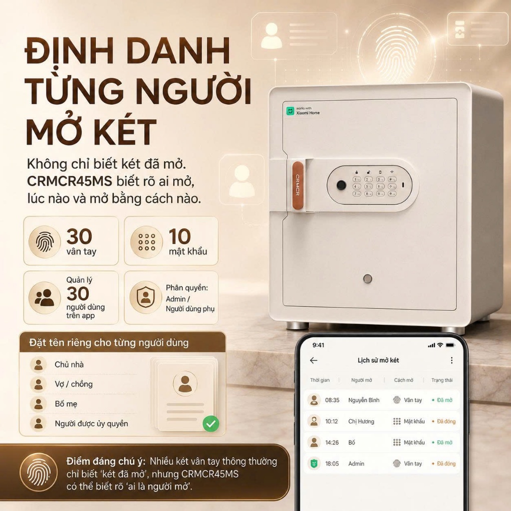 Két sắt mini thông minh Xiaomi CRMCR 45MS vân tay điện tử có cảnh báo trộm về điện thoại miễn phí vận chuyển toàn quốc