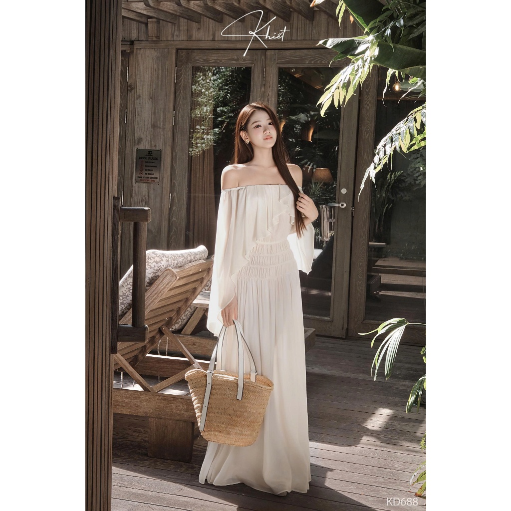Đầm dài maxi tằm ướt kem nhạt trễ vai phong cách nữ tính bay bổng KD688