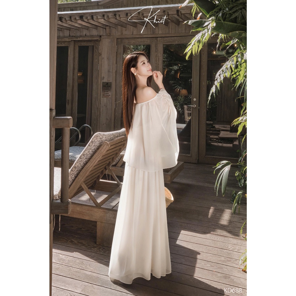 Đầm dài maxi tằm ướt kem nhạt trễ vai phong cách nữ tính bay bổng KD688