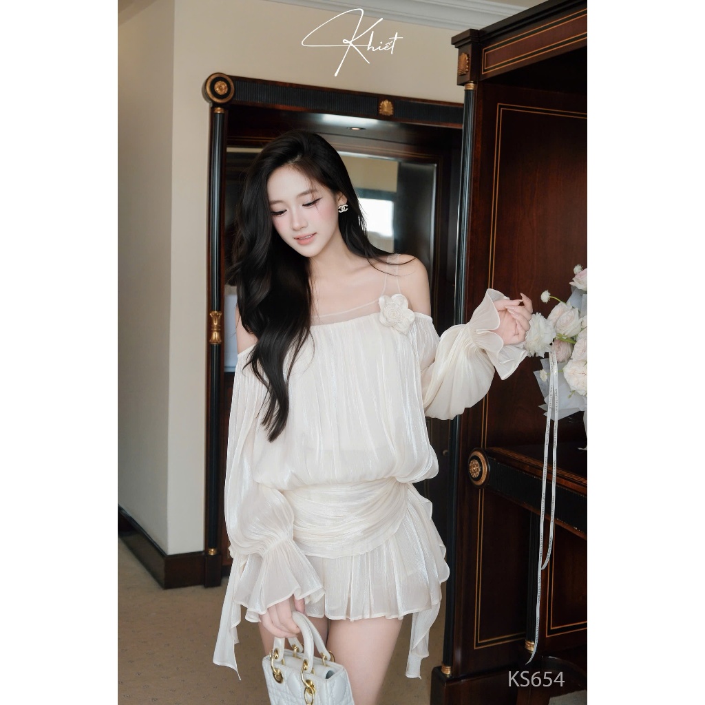 Set đầm lụa gân bồng bềnh phối dây vai lưới phong cách nữ tính bay bổng KS654