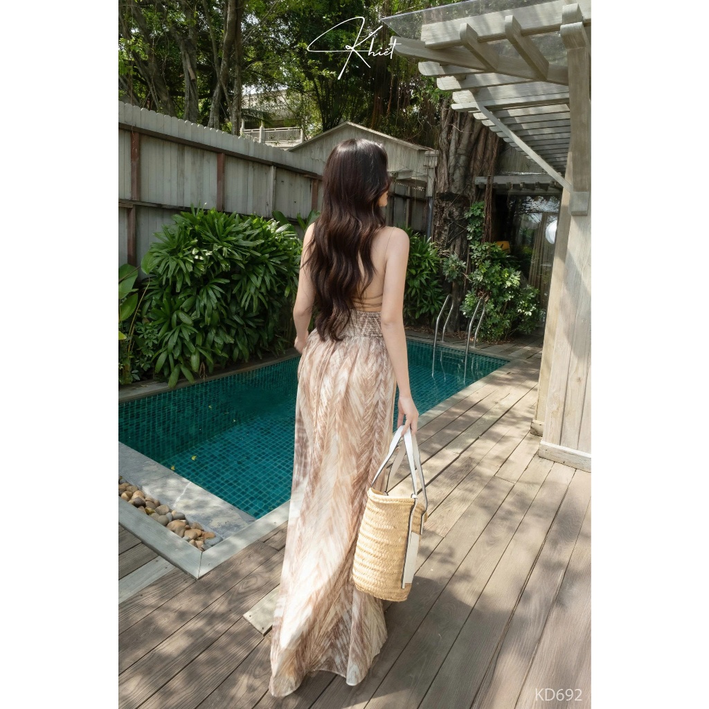 Đầm maxi dáng dài voan họa tiết loang nâu phong cách quyến rũ Khiết KD692