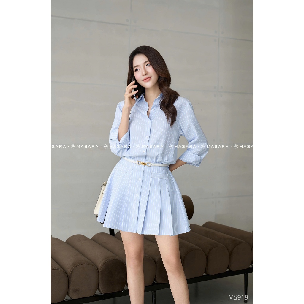 Set đầm sơ mi sọc xanh pastel phối phối váy xếp ly xoè phong cách thanh lịch Masara MS919