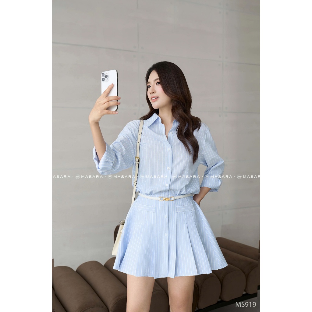 Thắt lưng da trắng phối khoá vàng Masara MPK451