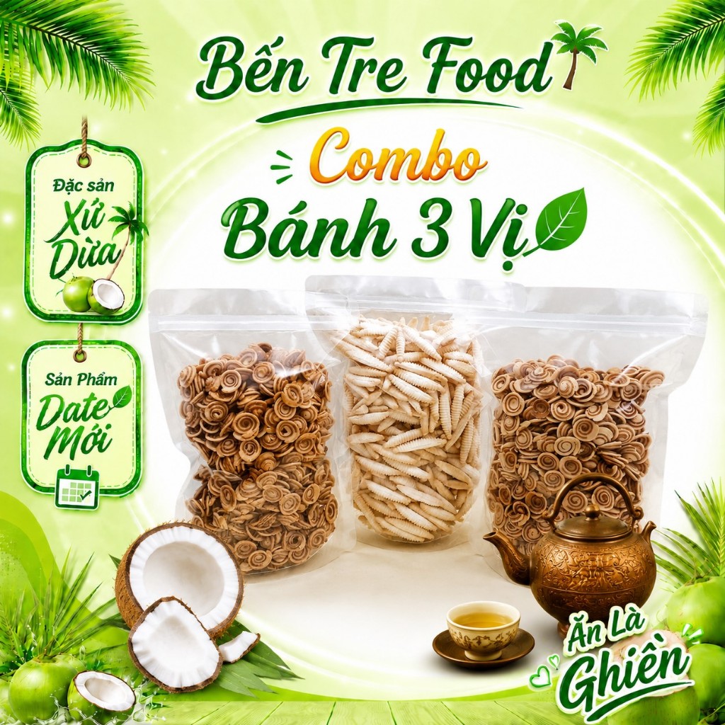 (Quà tặng)Combo 3 túi (1,5KG) Bánh Mix 3 Vị ( Tai nhí cốt dừa, tỏi ớt, đuông sầu riêng)