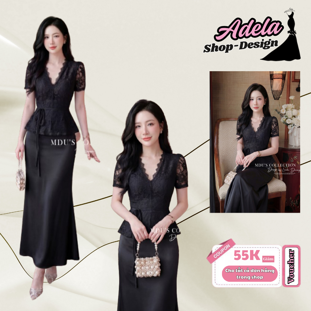 Set Thiết Kế ADELA DESIGN Ren Hoa Nổi Phối Lụa Twist Satin Thanh Lịch MDU6446