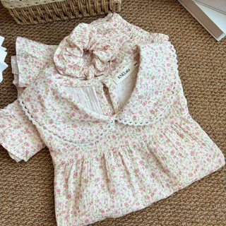 Đồ ngủ nữ tay ngắn quần đùi – Pyjama vải xô muslin cổ sen phối ren | KNG.studio (Tặng kèm dây buộc tóc scrunchies)