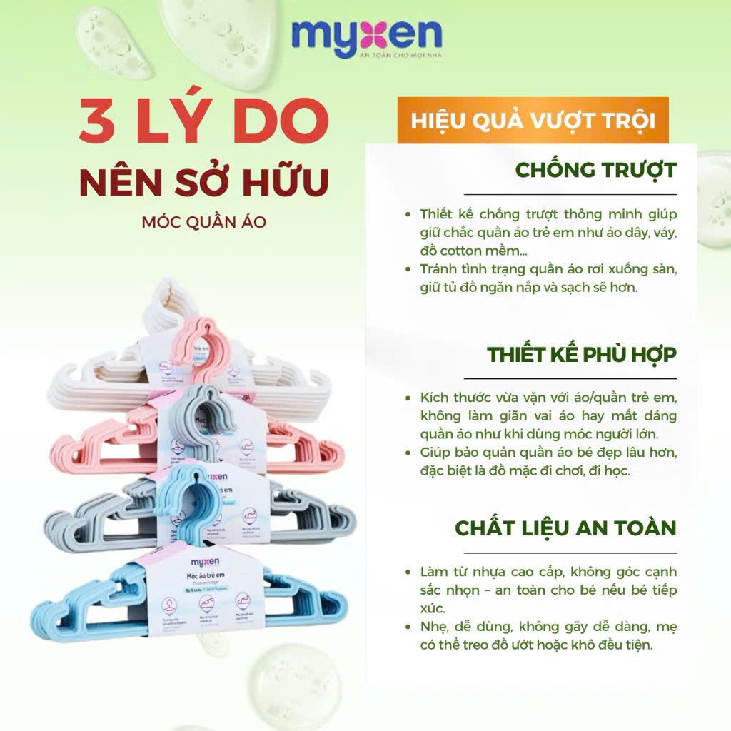 Móc Quần Áo Trẻ Em Myxen Set 10 Chiếc. Móc Quần Áo Cho Bé Sơ Sinh Nhựa Nguyên Sinh Chống Trượt