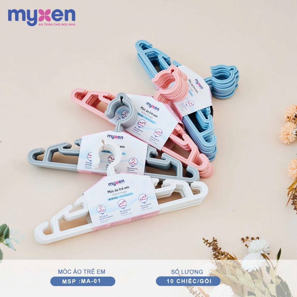 Móc Quần Áo Trẻ Em Myxen Set 10 Chiếc. Móc Quần Áo Cho Bé Sơ Sinh Nhựa Nguyên Sinh Chống Trượt