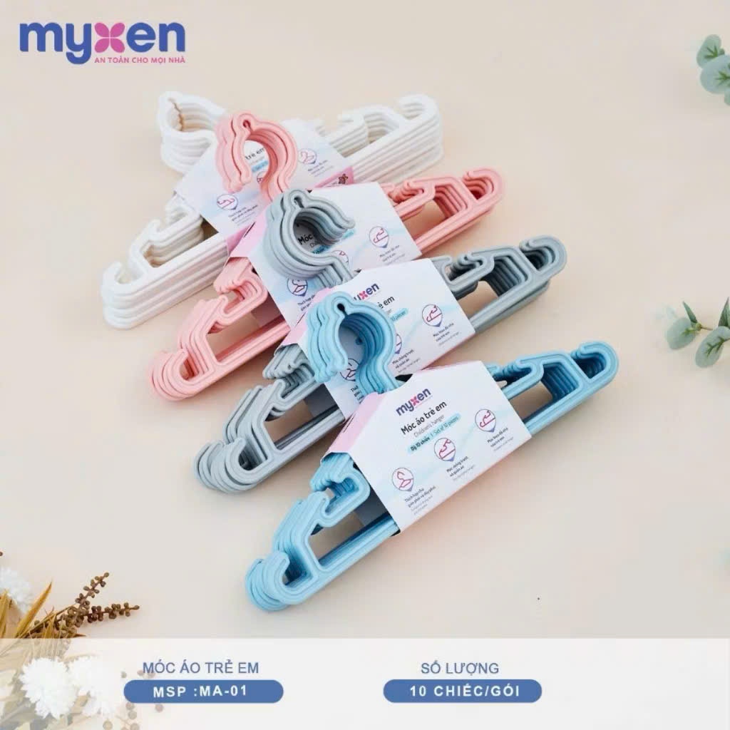 Móc Quần Áo Trẻ Em Myxen Set 10 Chiếc. Móc Quần Áo Cho Bé Sơ Sinh Nhựa Nguyên Sinh Chống Trượt