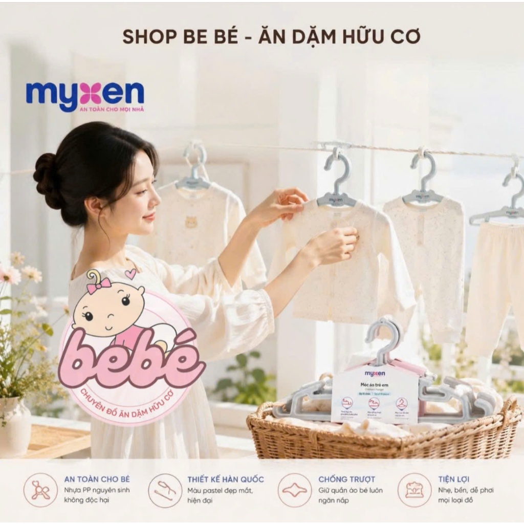 Móc Quần Áo Trẻ Em Myxen Set 10 Chiếc. Móc Quần Áo Cho Bé Sơ Sinh Nhựa Nguyên Sinh Chống Trượt