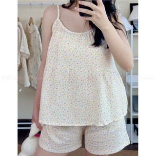 Đồ ngủ nữ áo dây quần đùi – set đồ 2 dây vải xô muslin hoạ tiết | KNG.studio (Tặng kèm dây buộc tóc scrunchies)
