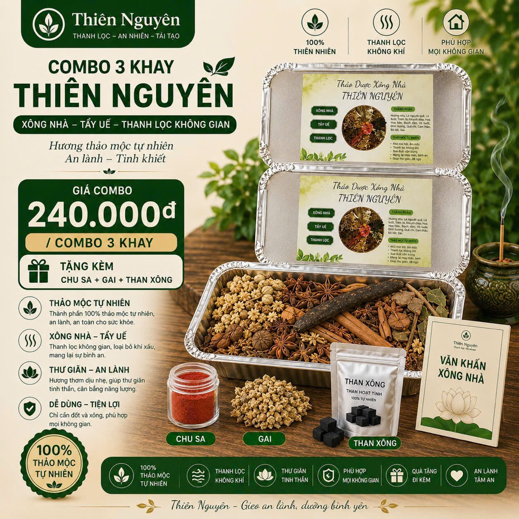 Combo 3 Khay Thảo Dược Xông Nhà Thiên Nguyên - Tẩy Uế, Thanh Lọc Không Gian, Khử Mùi Hôi, Tặng Than Hoạt Tính