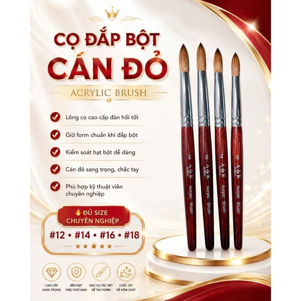 Cọ đắp bột cán gỗ A&K chuẩn form chuyên dụng ngành nails