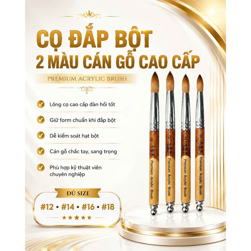 Cọ đắp bột cán gỗ A&K chuẩn form chuyên dụng ngành nails