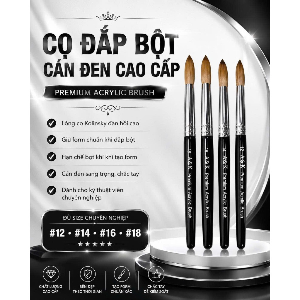 Cọ đắp bột cán gỗ A&K chuẩn form chuyên dụng ngành nails
