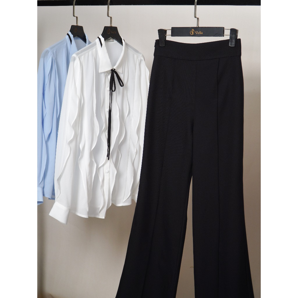 Áo sơ mi nữ công sở tay dài viền bèo che bụng & quần culottes ống loe Vella Fashion VA23013 VQ23089