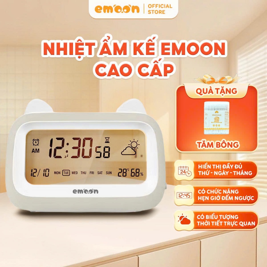 Nhiệt kế cao cấp Emoon 6in1 hỗ trợ gia đình kiểm soát nhiệt độ, độ ẩm đảm bảo an toàn cho bé
