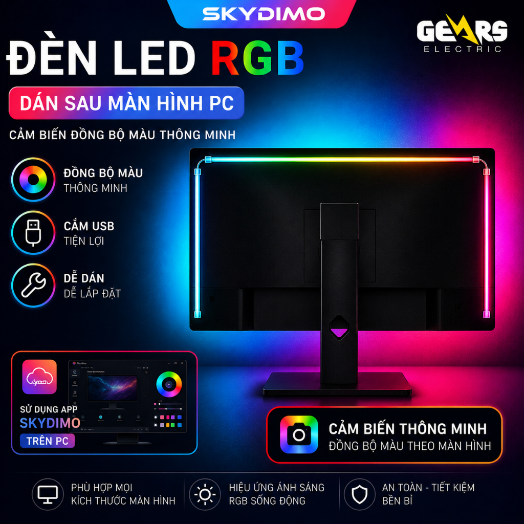 [Skydimo] Đèn LED RGB Dán Sau Màn Hình PC – Cảm Biến Đồng Bộ Màu Thông Minh