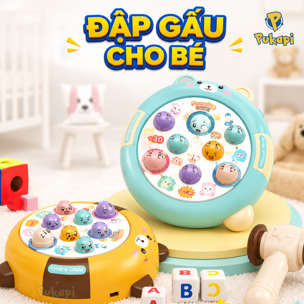 Đồ chơi Đập Chuột Hình Gấu Xoay 360 Độ Tặng 2 Búa Có Đèn Có Nhạc Đập Thỏ Dễ Thương - Đồ Chơi Cho Bé PUKAPI