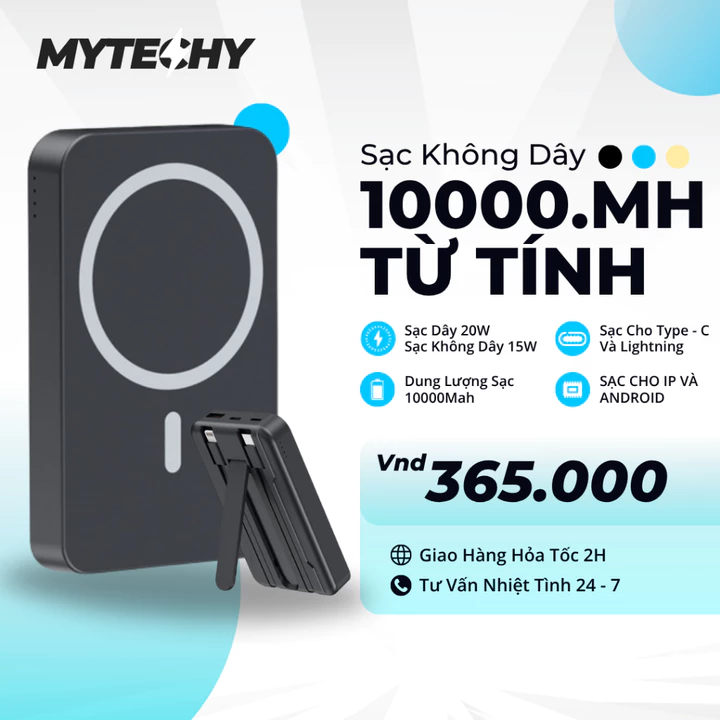 Sạc Dự Phòng Không Dây 10000mAh Sạc Nhanh Từ Tính - Pin Sạc Dự Phòng Hít Nam Châm Kèm Sẵn 2 Dây Cáp Cho IP Androi